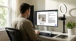 E-commerce seller analyzing product images for SEO and descriptions