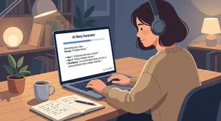 writer using AI story generator to create story ideas on a laptop