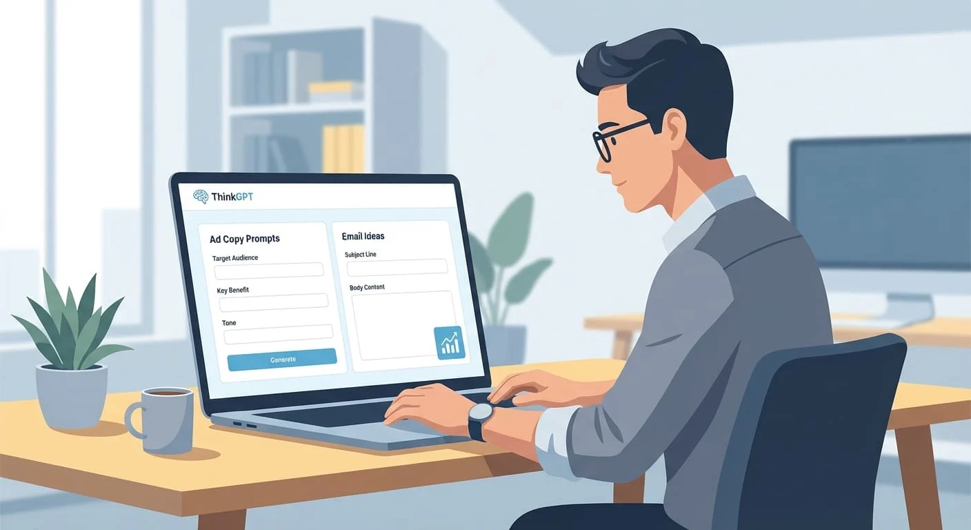 Marketer creating ad and email ideas using AI assistance