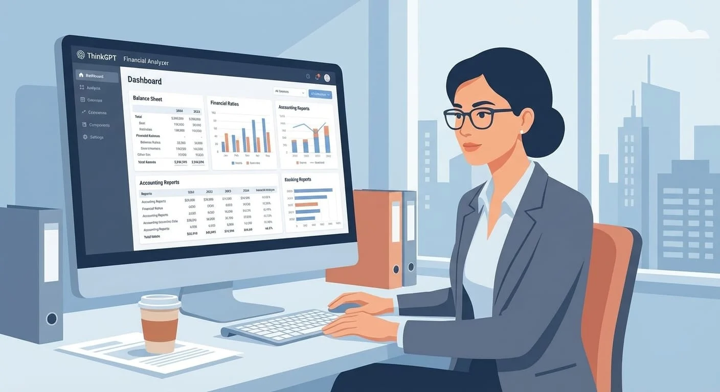 Financial analyst reviewing financial statements using an AI accounting tool