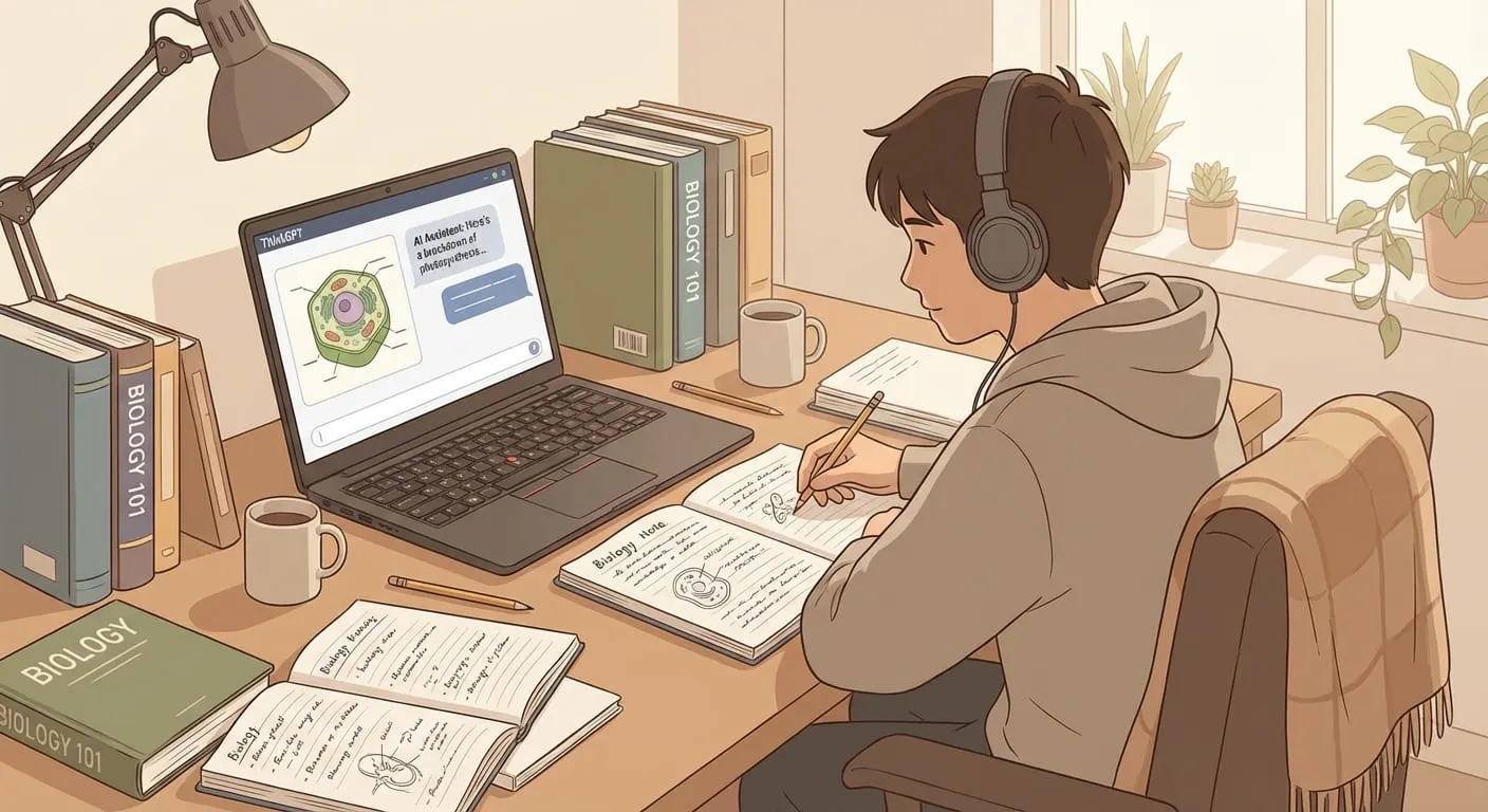 high school student studying biology concepts with online academic support