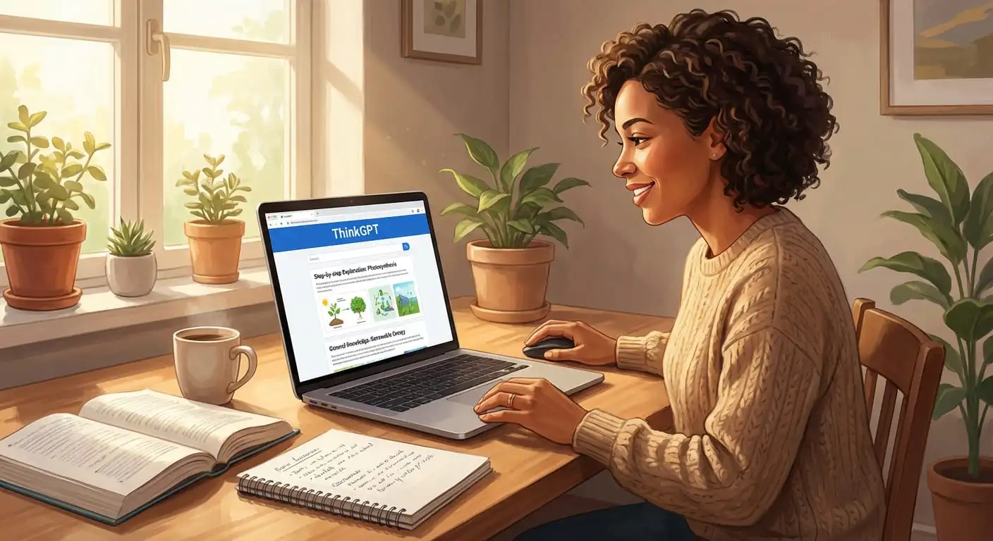 A lifelong learner using Question AI on a laptop to explore new subjects and expand general knowledge at home.