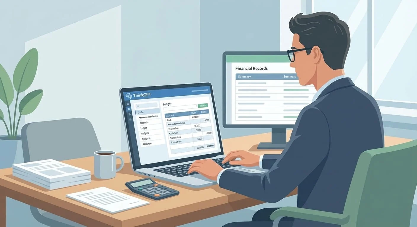 Professional accountant using an AI assistant for bookkeeping tasks