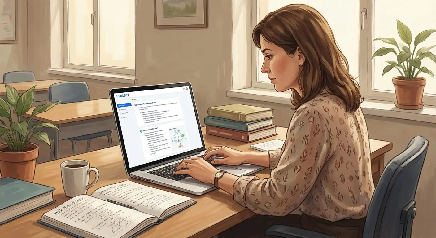 A teacher using Question AI on a laptop to prepare lessons and get educational explanations efficiently.