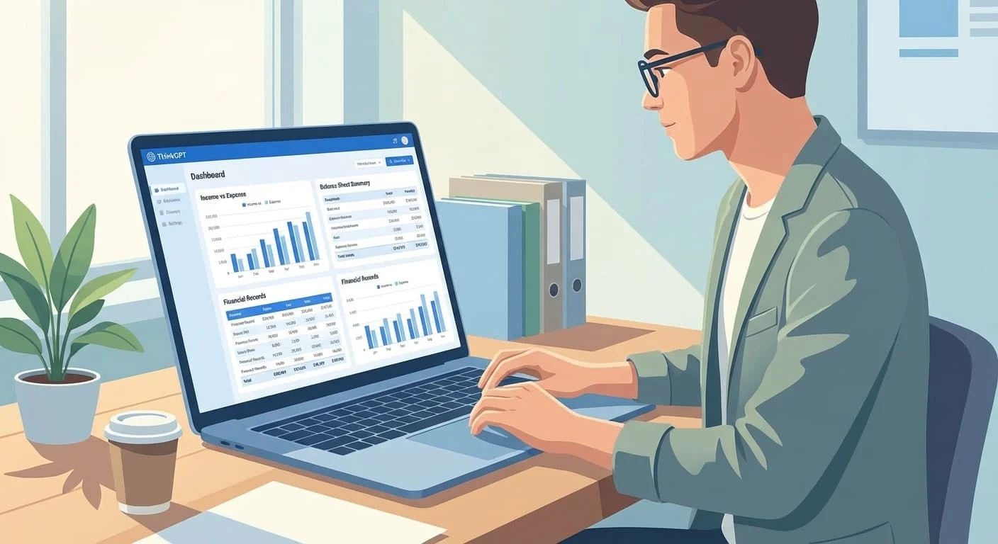 Small business owner managing bookkeeping with an AI accounting assistant