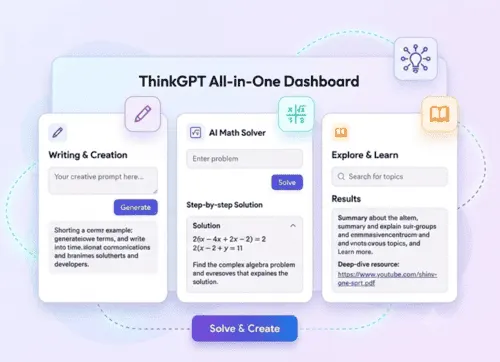 ThinkGPT AI dashboard for writing, learning, and math solving