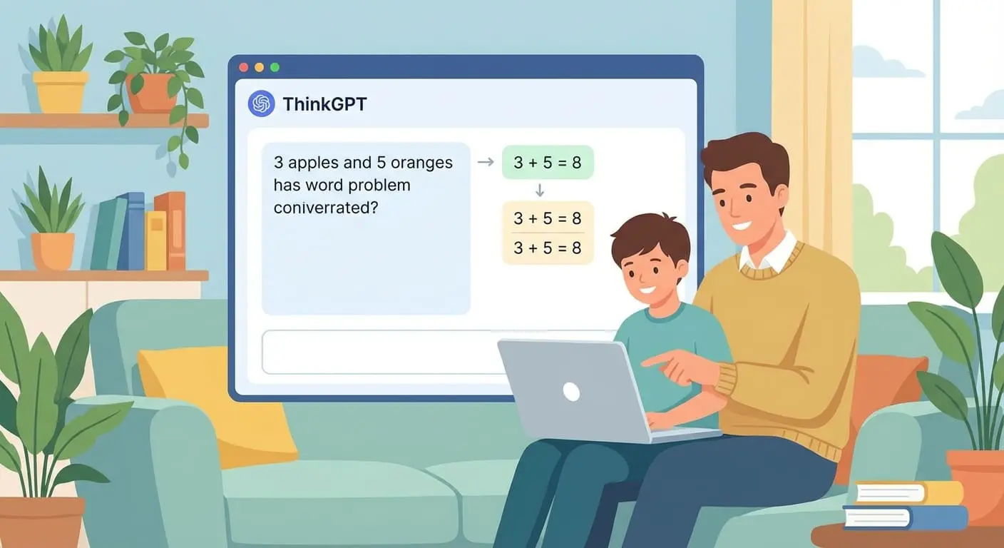 Parents helping children solve math word problems using ThinkGPT word problem solver at home